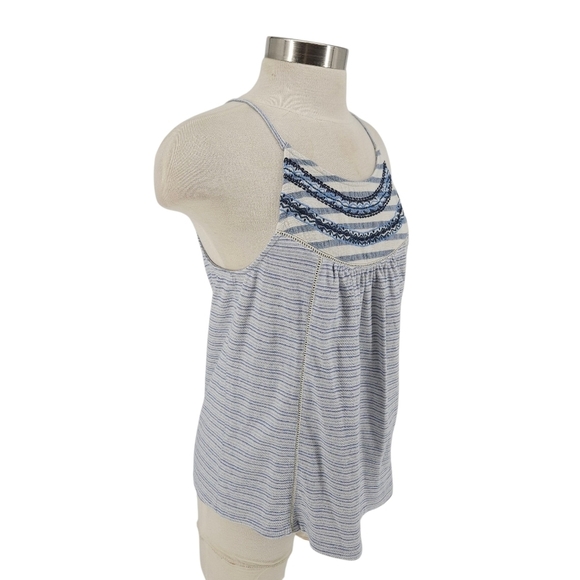 Lucky Brand Tank Top Blue Stripe Boho Embroidered Sleeveless Shirt Small - Picture 2 of 8